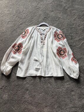 White Boho Peasant Tunic with Pink and Navy Floral Sleeve Embroidery